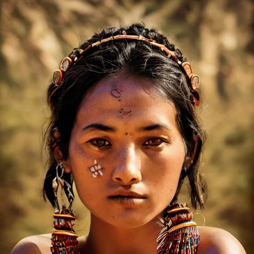 Image similar to portrait of a stunningly beautiful alluring and attractive nepalese tribal female maiden, depth of field, zeiss lens, detailed, symmetrical, centered, fashion photoshoot, by annie leibovitz and steve mccurry, david lazar, jimmy nelsson, breathtaking, 8 k resolution, extremely detailed, beautiful, establishing shot, artistic, hyperrealistic, beautiful face, octane render