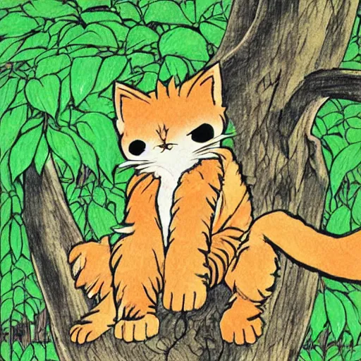 Image similar to giant kitten eating a tree art by yoshihiro togashi