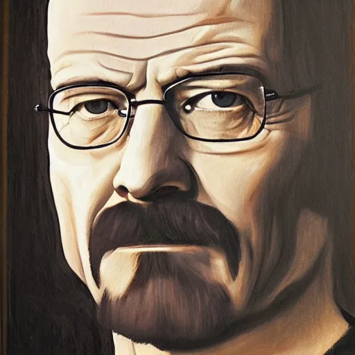 Prompt: a portrait painting of Walter White in Mona Lisa, low contrast