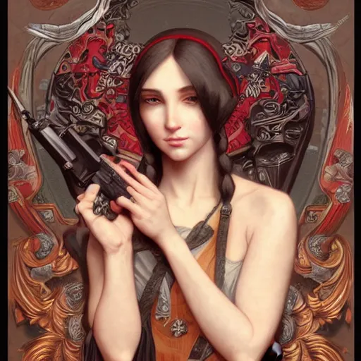 Image similar to a portrait painting of a gunslinger fantasy lady, highly detailed, art by tristan eaton and artgerm and william - adolphe bouguereau