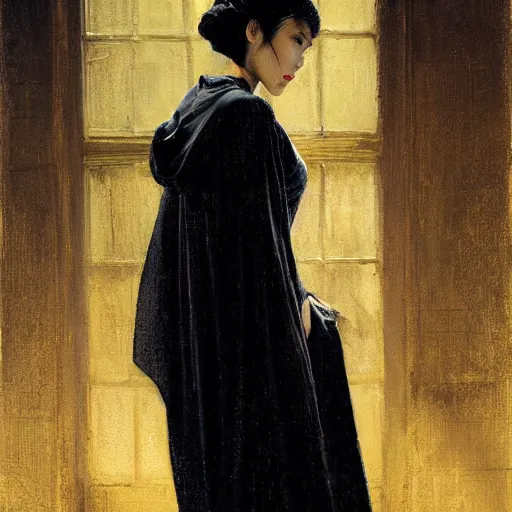 Image similar to detailed cinematic wide shot of beautiful attractive tao okamoto asian vampire woman wearing black bath robe slim face symettrical face clean skin black eyes black robe smooth, sharp focus, ultra realistic, spring light, painting by gaston bussiere, craig mullins, j. c. leyendecker