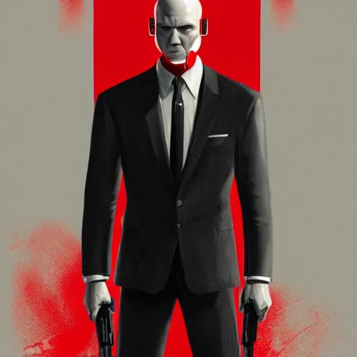 Prompt: a portrait of agent 4 7 from hitman wearing headphones in front of a wall with mounted guns, dark background, red rim light, highly detailed, digital art, artstation, concept art by giger stalenhag