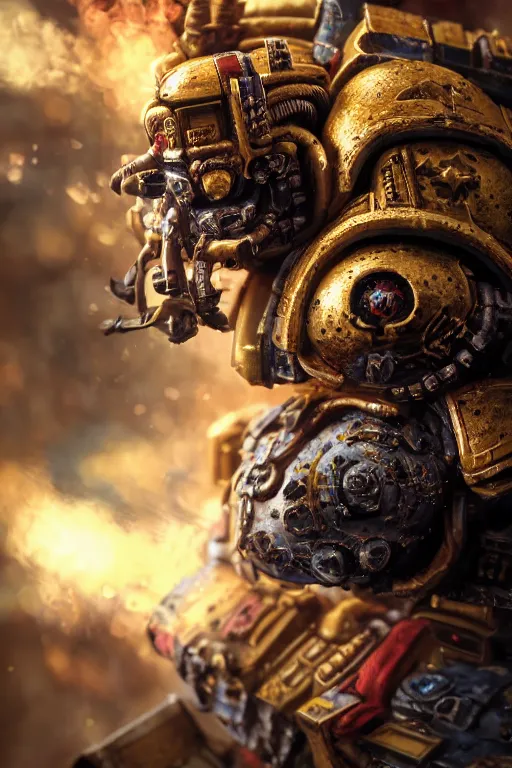 Image similar to a portrait of a space marine, warhammer 4 0 k setting, dynamic pose, close - up, intricate details, intricately detailed clothing, intricate textures, warm lighting, vivid colors, smoke and mist, realistic octane render, hyper realistic render, volumetric shading, depth of field, raytracing, 8 k,