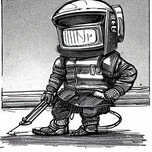 Prompt: sketch of a cute chibi dnd daft punk gnome inventor tinkerer wearing a helmet, walking cautiously, etching by louis le breton, moebius 1 8 6 9, 1 2 0 0 dpi scan