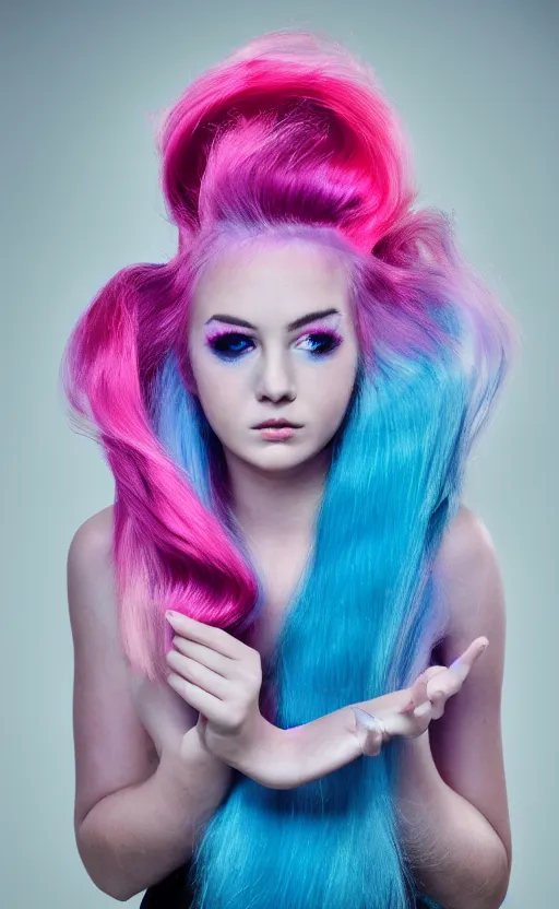 Image similar to a dramatic photo of a beautiful young woman with cotton candy hair. with a little bit of cyan and pink