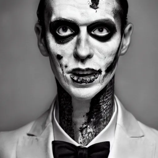 Prompt: a beautiful fashion portrait photograph of a friendly good looking zombie in a tuxedo, studio harcourt, black and white, fashion photography, paolo roversi, richard avedon, chiaroscuro, trending on artstation, ultradetailed, octane render, 4 k, unreal engine, 5 0 mm, sharp focus, studio light photography, high definition, irving penn,