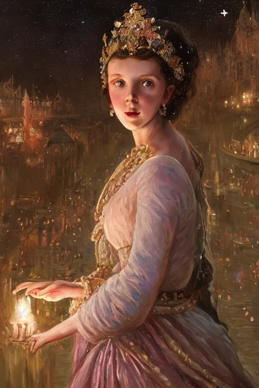 Image similar to a beautiful painting of a crowned princess in a flowing gown resembling millie bobby brown watching the lantern festival in ancient london, at night with a sky full of stars, intricate, elegant, highly detailed, digital painting, artstation, concept art, by krenz cushart and artem demura and alphonse mucha