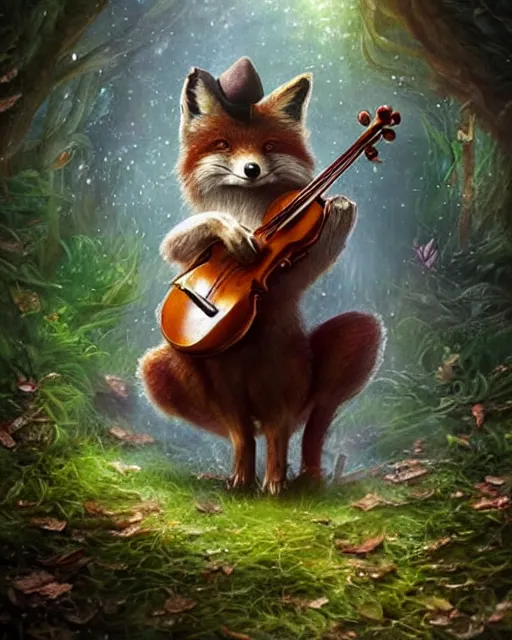 Image similar to Fox playing violin in magical forest, portrait, wearing hat, magical notes, fairy atmosphere, magic the gathering artwork, D&D, fantasy, cinematic lighting, centered, symmetrical, highly detailed, digital painting, artstation, concept art, smooth, sharp focus, illustration, volumetric lighting, epic Composition, 8k, art by Akihiko Yoshida and Greg Rutkowski and Craig Mullins, oil painting, cgsociety