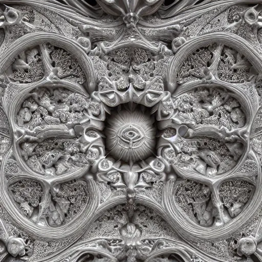Prompt: a beautiful 3 d painting of a massive sprawling fractal cathedral exterior populated by mandelbrot fractals, unreal engine, carved ivory, white, volumetric lighting, hyperrealistic, sharp, glowing, carved marble, opalescent, carved soap, depth of field, sacred geometry, religious, angelic, catholicpunk, photorealism, 8 k, ultra detailed