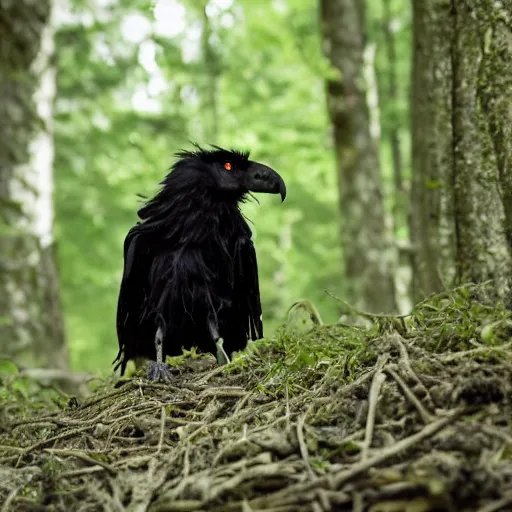 Image similar to werecreature crow, photograph captured in a forest