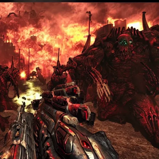 Image similar to bloody hell scene, doom slayer walking on human bloody dead bodies, shooting with heavy bolt rifle towards demons, view from side