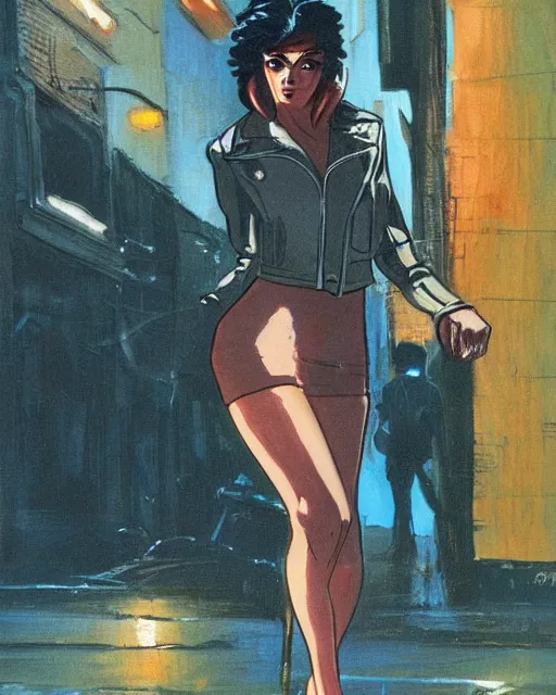 Image similar to young female protagonist in leather jacket, city street, artwork by ralph bakshi