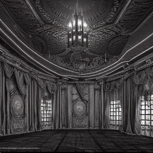 Image similar to Photorealistic Haunted Ballroom in the style of Michael Whelan and Gustave Dore. Hyperdetailed photorealism, 108 megapixels, amazing depth, glowing rich colors, powerful imagery, psychedelic Overtones, 3D finalrender, 3d shading, cinematic lighting, artstation concept art