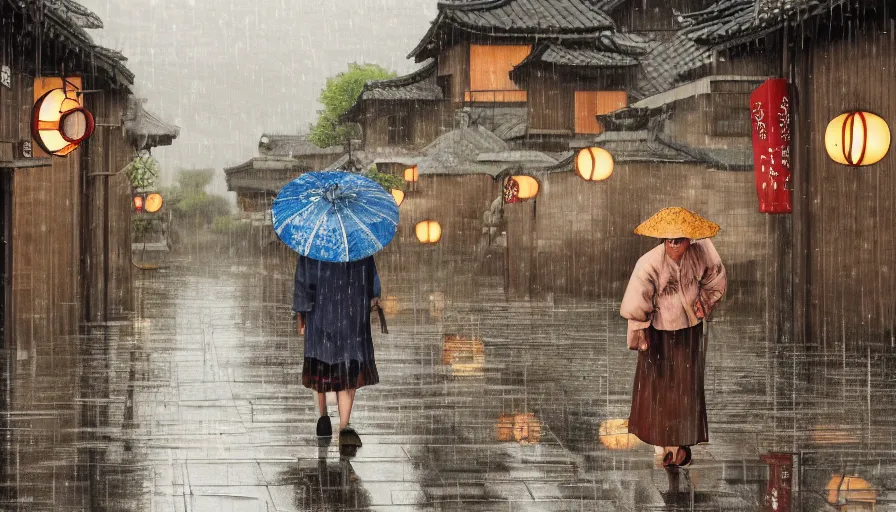 Image similar to old lady with her umbrella in rustic japanese village, raining, paint by hiromu arakawa, hyperdetailed, artstation, cgsociety, 8 k