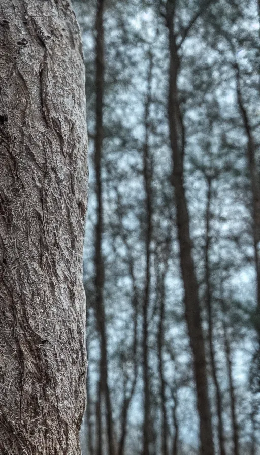 Image similar to rough tree interpolating from opaque bark to perfectly clear aerogel, precisely-cut aerogel transition, depth of field, bokeh, luminance through aerogel strata