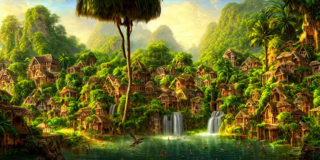 Image similar to village in a tropical eastern waterfall valley, with great birds, lush wildlife, rich geometry, ancient ruins, fantasy, precise and incredibly highly detailed intricate 8 k wallpaper, john stephens, lisa frank, tim white, rococo, hr giger, krenz cushart, long shot dramatic lighting, crisp intricate stunning award winning masterpiece trending on artstation beautiful