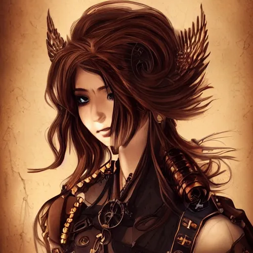 Image similar to beautiful half human half steampunk cyborg portrait, steampunk, extremely detailed, lush, gears, pretty, cinematic lighting, epic, intense, long hair, brown eyes, cool, anime,