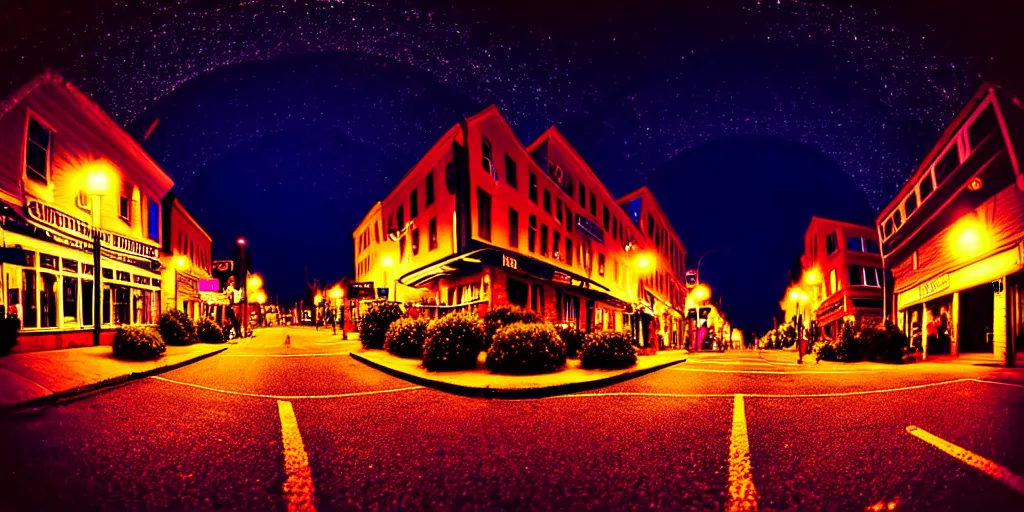 Prompt: curved perspective summer night small town street from tim burtons nightmare before christmas by petros afshar, 1 5 º camera angle