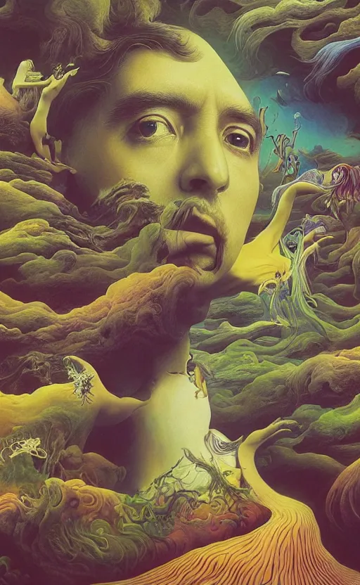 Prompt: ultrawide angle colour masterpiece surreal closeup portrait photography of the beatles by miho hirano and annie leibovitz and michael cheval, weird surreal epic psychedelic complex biomorphic 3 d fractal landscape in background by kilian eng and roger dean and salvador dali and beksinski, 8 k