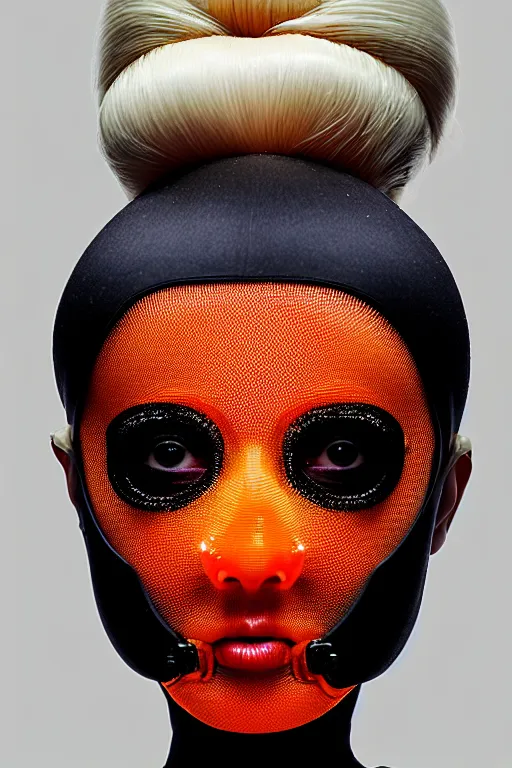 Prompt: symmetrical portrait of a woman wearing an orange embroidered translucent silicone mask and white hair buns, wearing a black bodysuit by alexander mcqueen, white background, soft diffused light, biotechnology, humanoide robot, futuristic aesthetic, translucent, ethereal, intricate details, highly detailed, masterpiece,