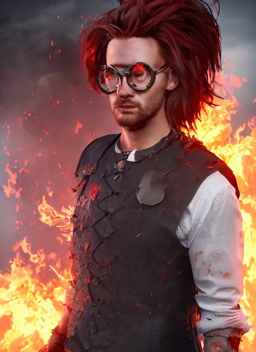 Image similar to An epic fantasy comic book style portrait painting of man with red spiked long hair, using googles. Wearing a black waistcoat, white shirt. Fire on his hands. Unreal 5, DAZ, hyperrealistic, octane render, cosplay, RPG portrait, dynamic lighting