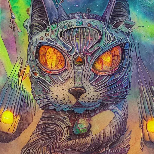 Prompt: ghostly haunted cat strolling through a twisted alien city, watercolour painting, oil painting, watercolour, colourful, intricate, detailed, concept art, cinematic, trippy, psychedelic