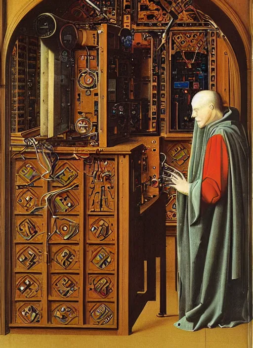 Prompt: a cybernetic priest jacking into the mainframe by Jan van Eyck