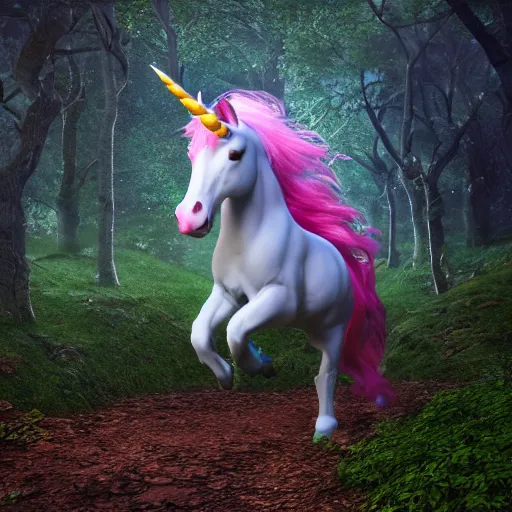 Prompt: realistic octane render 8k of fantasy scene unicorn running in the forest