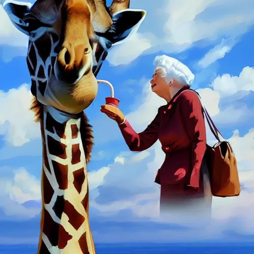 Image similar to a giraffe astronaut drinking tea with queen isabel, trending on artstation, art by greg manchess, guangjian, detailed digital art, artstation hd
