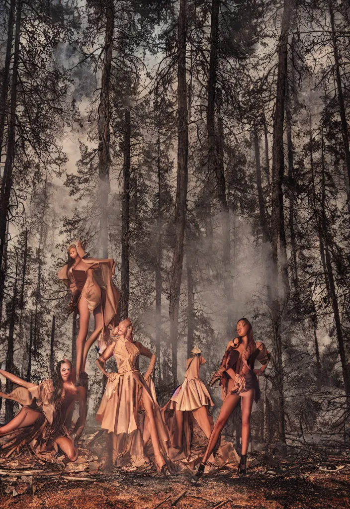 Image similar to fashion editorial in forest fire. wide angle shot. highly detailed.