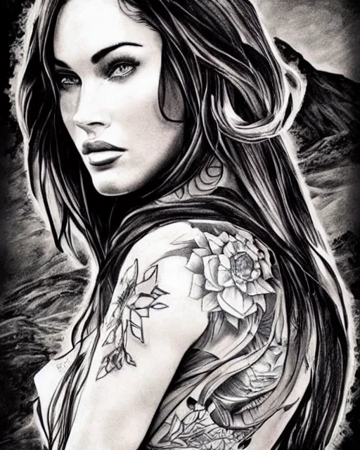 Prompt: tattoo design sketch of megan fox with beautiful mountain scenery, in the style of dan mountford, double exposure effect, hyper realistic, amazing detail