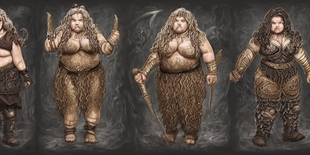 Prompt: triptych of elderly female feminine bearded dwarven heavyset fighter with curly long grey hairstyle, her full beard is long and plaited style, she has wrinkled skin and is wearing full black platemail armor with intricate slight gold trim by rossdraws, triptych format