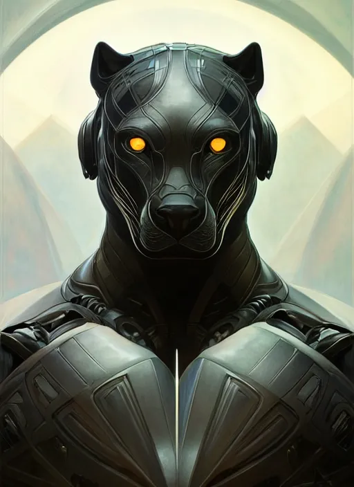 Image similar to symmetry!! portrait of a panther, sci - fi armour! muscular, fantasy, intricate, elegant, highly detailed, digital painting, artstation, concept art, smooth, sharp focus, illustration, art by artgerm and greg rutkowski and alphonse mucha