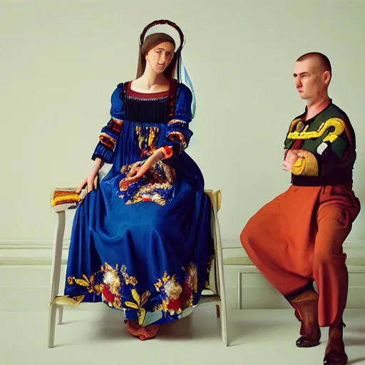 Image similar to hyperrealism photography in caravaggio style computer simulation visualisation of parallel universe sit - com scene with beautiful detailed ukrainian woman wearing ukrainian traditional shirt designed by taras shevchenko and woman wearing retrofuturistic sci - fi neural interface designed by josan gonzalez. hyperrealism photo on pentax 6 7, kodak portra 4 0 0 volumetric natural light - s 1 5 0