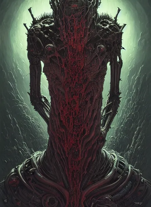 Image similar to epic doom undead monarch, highly detailed portrait concept art, josan gonzalez, greg rutkowski, h. r. giger, zdizslaw beksinski, threyda, majestic cinematic masterpiece, psychedelic backlit, movie poster character, intricate, biomechanical, smooth, trending on cgsociety