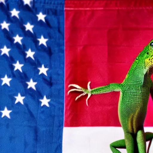 Image similar to A lizard alien creature standing in front of the american flag attempting to look patriotic but failing, presidential nomination photo