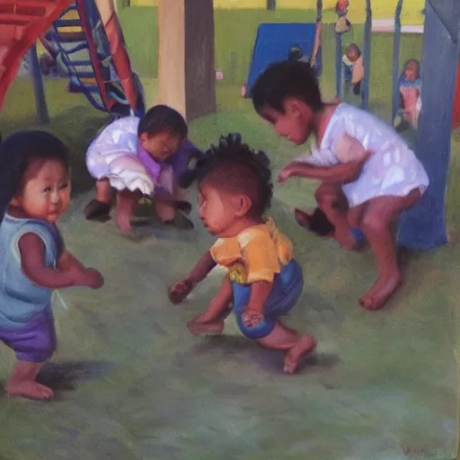 Prompt: an ethnically diverse group of toddlers. white. asian. hispanic. african. playing on a playground. oil on canvas exquisite. smooth. sharp focus. award winning. 8 k