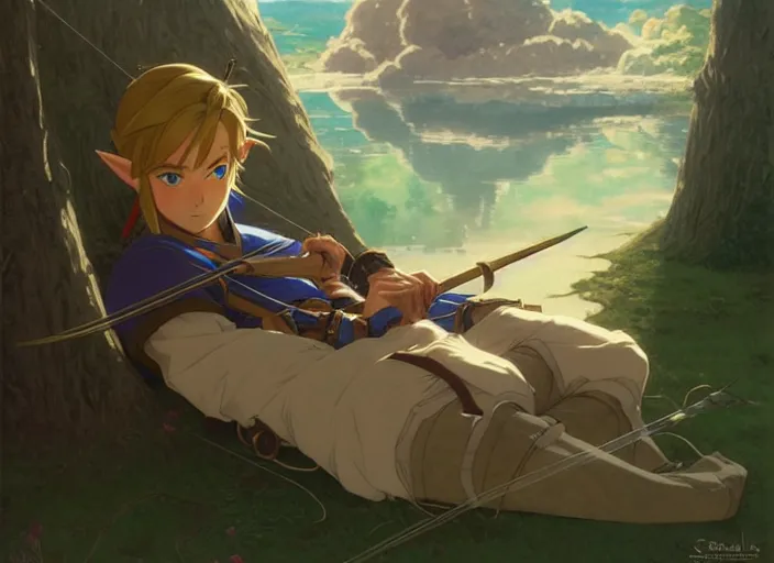 Image similar to cinematic full anime portrait of link from zelda resting with his bow at his tent. intricate, elegant, highly detailed, digital art, artstation, concept art, smooth, sharp focus, illustration, by stanley artgerm, greg rutkowski, studio ghibli, alphonse mucha, norman rockwell 8 k