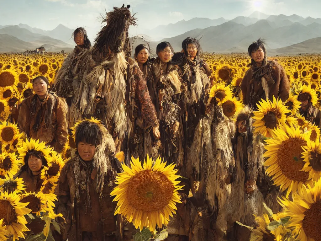 Prompt: a portrait of the mighty sunflower people, a nomadic mongolian tribe that follows the sun in a vast barren valley where helianthus grow tall and abundantly, by Greg Rutkowski, Sung Choi, Mitchell Mohrhauser, Maciej Kuciara, Johnson Ting, Maxim Verehin, Peter Konig, Bloodborne, macro lens, 35mm, 8k photorealistic, cinematic lighting, HD, high details, atmospheric