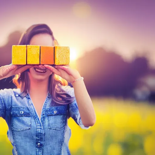 Image similar to beautiful advertising photo of a woman holding scented soap bricks up to the viewer, smiling, summer outdoors photography at sunrise, bokeh, bloom effect