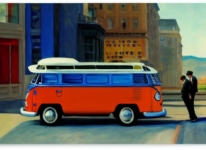 Prompt: painting, two young men and women in front of blue vw bus, by edward hopper, bernardo bertolucci dreamers movie scene