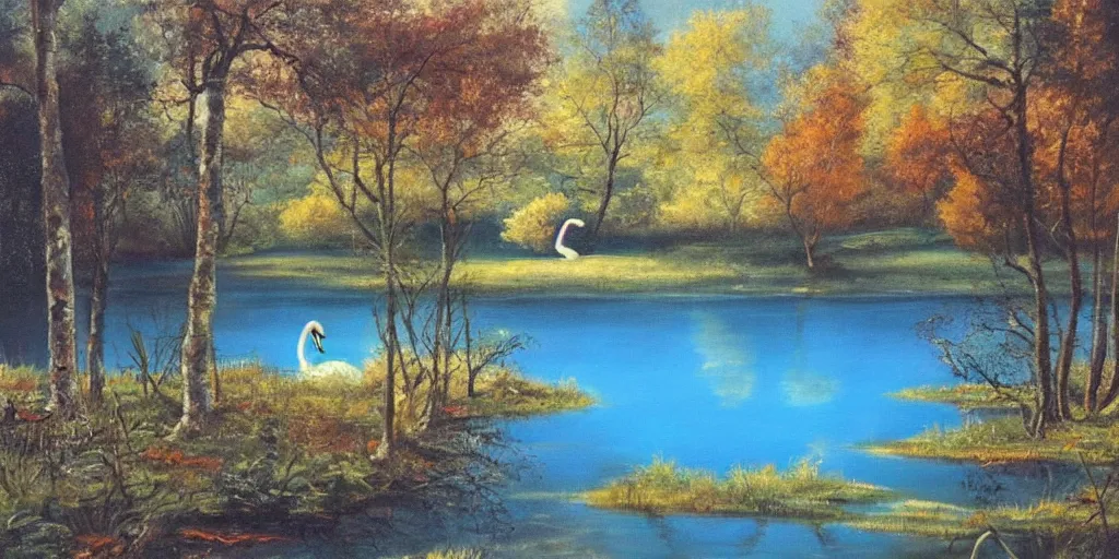 Image similar to painting of a small lake with two swans in it, in a forest, blue water, stunning colors, fairytale