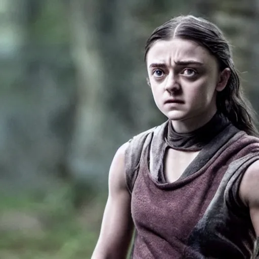 Image similar to muscular young arya stark showing her abs, glisten, high resolution, hard light, vogue photoshoot