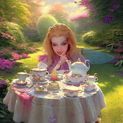 Prompt: “Alice at a tea party by Thomas Kinkade, Alice in Wonderland, trending on Artstation”