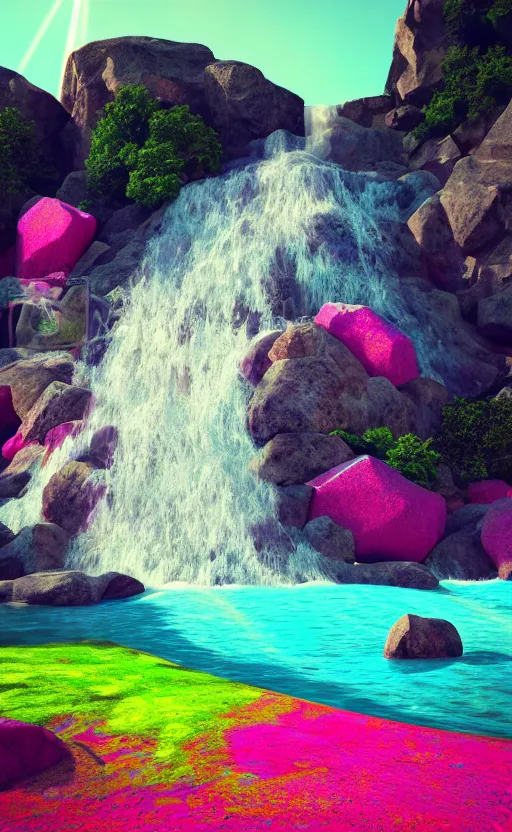 Image similar to looking up to a large rock mountain with a water fall flowing down from the top, the sun is behind it, neon colors, blue, pink, 8 k, concept art, ultra detailed, photo, award winning