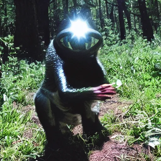 Image similar to trail cam footage of an alien elvis impersonator