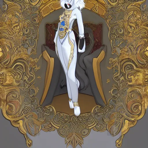 Image similar to commissioned full body portrait of a female anthro furry wolf-headed princess fursona with white hair wearing a white and gold chinese armored dress in a white and gold palace, by Wlop and jerry park, artstation, extremely detailed