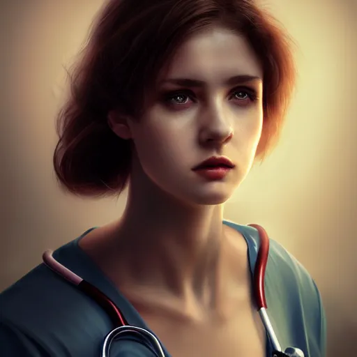 Image similar to I've had a rough day, healthcare worker, nurse, perfect eyes, full body shot, portrait, sad, tiredfantasy, beautiful face, medieval, vivid colors, elegant, concept art, sharp focus, digital art, Hyper-realistic, 4K, Unreal Engine, Highly Detailed, HD, Dramatic Lighting by Brom, trending on Artstation