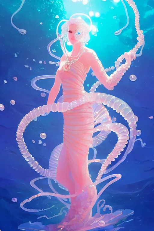 Image similar to a beautiful queen of ocean in the middle of coral reefs, pearl crystal jewelry, complex and shiny dress inspired by jellyfish, by ross tran and atey ghailan, by greg rutkowski, by greg tocchini, by james gilleard, by joe fenton, by kaethe butcher, dynamic lighting, grunge aesthetic