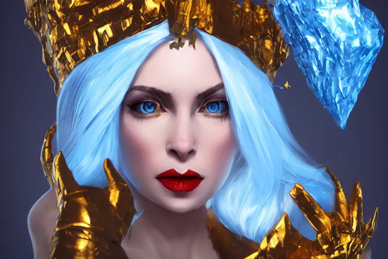 Image similar to Malevolent Ice Queen with gold leaf in the style of Artstation, Unreal Engine, photorealistic, highly detailed